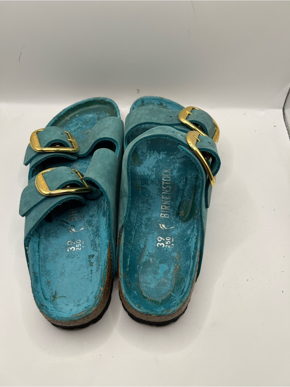 Birkenstock Teal Arizona Sandals with Gold Buckles - Picture 5 of 9